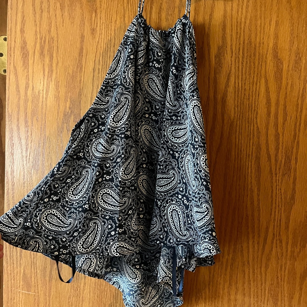 Blue and White Paisley Print Spaghetti Strap Tank with Asymmetrical Bottom